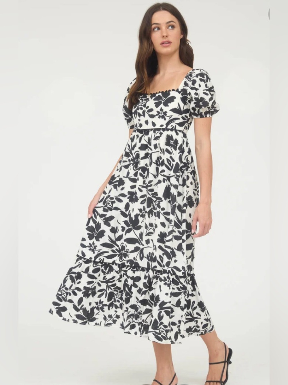 Perch black white floral print puff sleeve tiered flowy maxi dress summer 1X